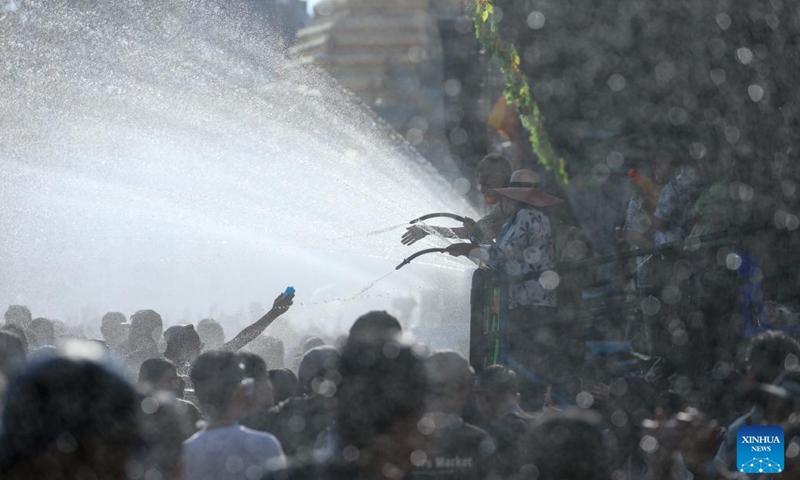 People celebrate the traditional Thingyan water festival in Yangon, Myanmar, April 14, 2026. (Xinhua/Myo Kyaw Soe)

