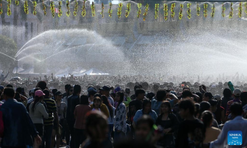 People celebrate the traditional Thingyan water festival in Yangon, Myanmar, April 14, 2026. (Xinhua/Myo Kyaw Soe)

