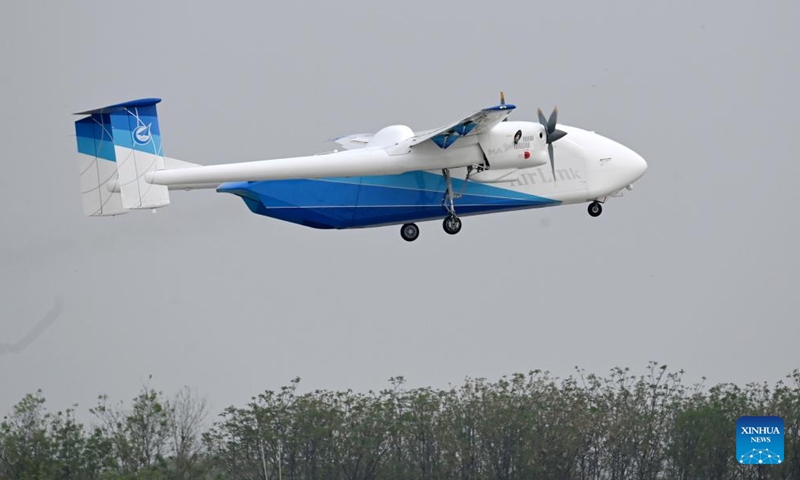 The HH-200 commercial unmanned aerial transport system takes off during its maiden flight in Pucheng, northwest China's Shaanxi Province, April 15, 2026. (Xinhua/Li Yibo)

