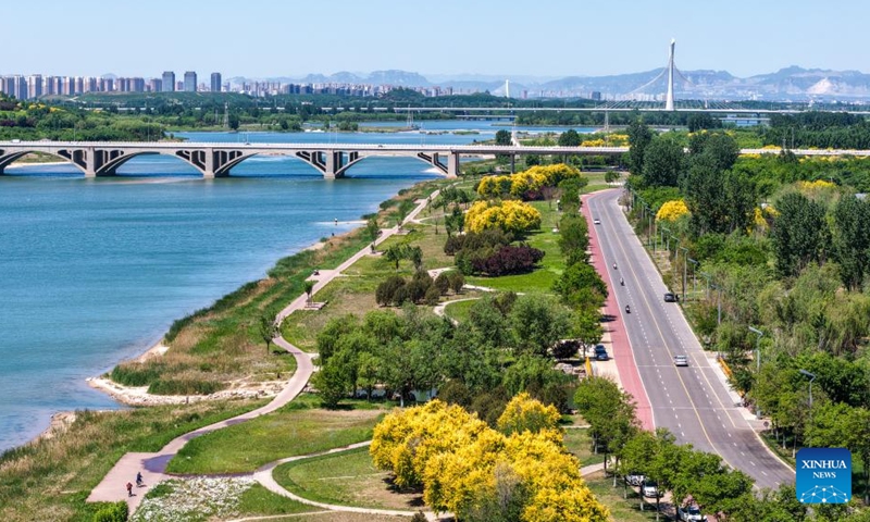 An aerial drone photo taken on May 7, 2026 shows a view along the Hutuo River in Shijiazhuang, north China's Hebei Province. (Photo by Liang Zidong/Xinhua)
