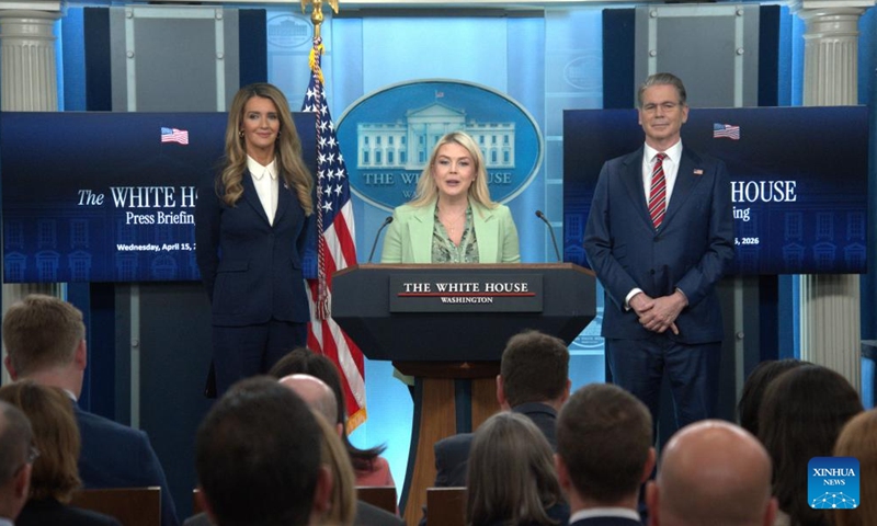 White House Press Secretary Karoline Leavitt speaks during a White House press briefing in Washington, D.C., the United States, April 15, 2026. Leavitt said Wednesday an extension of the current U.S. ceasefire with Iran is not true at this moment. (Photo by Li Yuanqing/Xinhua)


