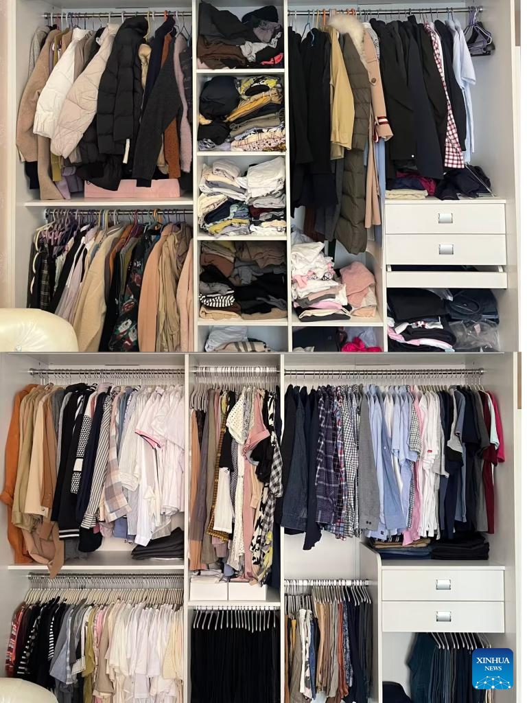 This combo photo taken in January 2026 shows a wardrobe before (above) and after Nai Dan's decluttering in Lanzhou, northwest China's Gansu Province. (Xinhua)


