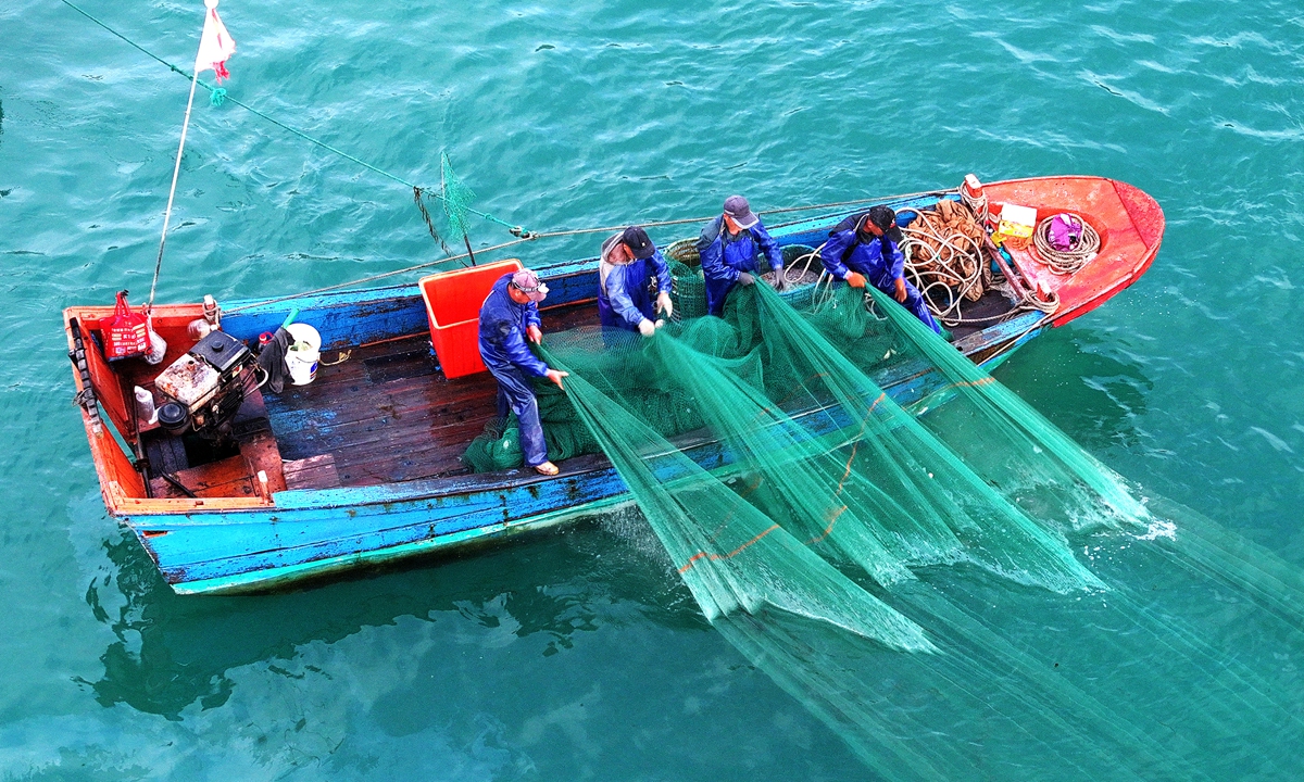 Fishermen catch fish at the fishing dock in an island in Zhoushan city, East China's Zhejiang Province, on May 4, 2024. Photo: VCG
