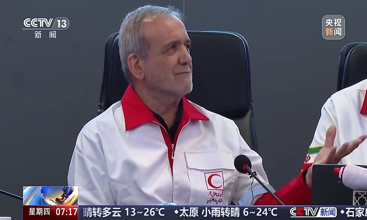 Iranian President Masoud Pezeshkian visited the headquarters of Iran's Red Crescent Society in Tehran, Iran on April 15, 2026. Photo: screenshot of CCTV News