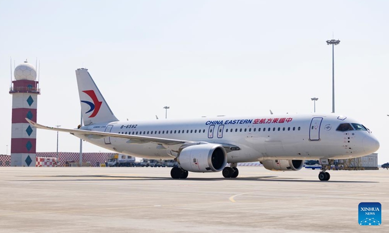 A C919 jetliner is pictured after landing at Harbin Taiping International Airport in Harbin, northeast China's Heilongjiang Province, April 15, 2026. The flight MU5631 carrying 140 passengers landed in Harbin on Wednesday, marking a successful maiden flight of C919, China's homegrown large passenger aircraft, on the Harbin-Shanghai route of China Eastern Airlines. (Xinhua/Zhang Tao)


