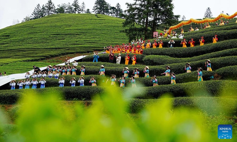 This photo taken on April 15,2026 shows a cultural event at a tea garden in Xingcun Town, Wuyishan, southeast China's Fujian Province, April 15, 2026. (Photo by Chen Ying/Xinhua)