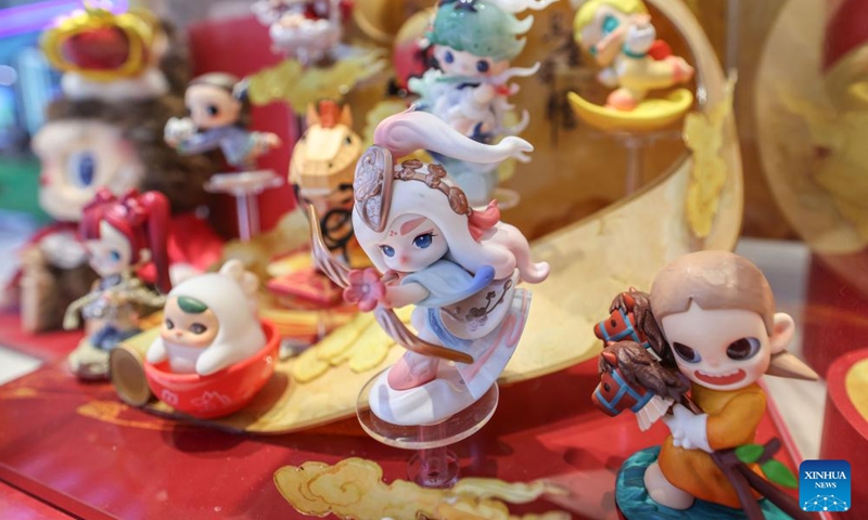 This photo taken on April 14, 2026 shows toys at a booth of Pop Mart at the sixth China International Consumer Products Expo (CICPE) in Haikou, south China's Hainan Province. From intangible cultural heritage skills to original IPs with traditional Chinese cultural characteristics, Chinese brands blend tradition with modernity and showcase their charm at the ongoing CICPE, attracting the attention of many visitors. (Xinhua/Zhang Liyun)