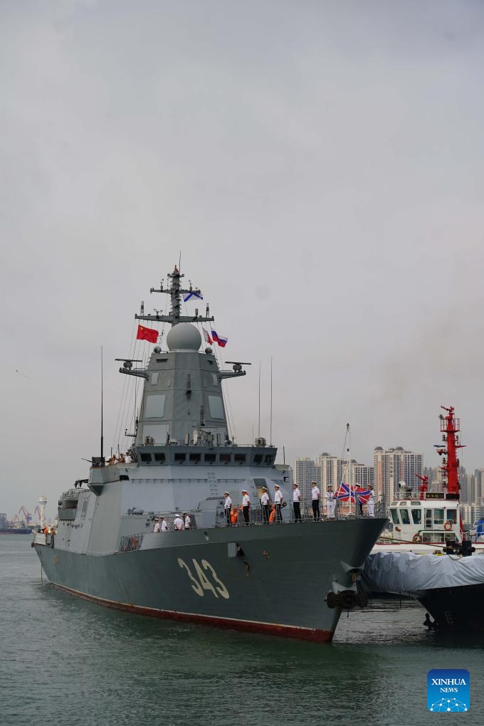 A frigate of a Russian navy fleet arrives at a military port in Zhanjiang, south China's Guangdong Province, April 15, 2026. A Russian navy fleet consisting of two frigates and a medium-sized replenishment ship arrived in south China's Guangdong Province on Wednesday for a five-day friendly visit.

