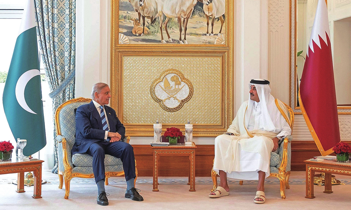 Qatar's Emir Tamim bin Hamad bin Khalifa Al Thani (right) speaks with Pakistan's Prime Minister Shehbaz Sharif during their meeting in Doha, Qatar, on April 16, 2026. Photo: VCG