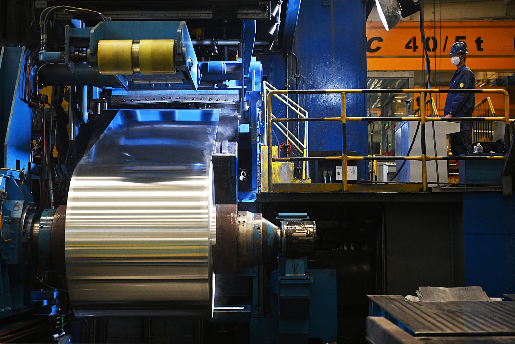 An employee works in a factory that produces aluminum foil blanks for new-energy vehicle batteries in Jiayuguan, Northwest China's Gansu Province, on April 20, 2026. The company's aluminum foil blanks and aluminum sheet and strip products win many orders in the global market due to excellent product quality.