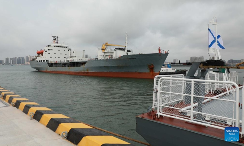 A medium-sized replenishment ship of a Russian navy fleet arrives at a military port in Zhanjiang, south China's Guangdong Province, April 15, 2026. A Russian navy fleet consisting of two frigates and a medium-sized replenishment ship arrived in south China's Guangdong Province on Wednesday for a five-day friendly visit.

