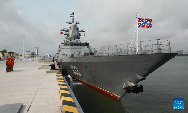 This photo taken on April 15, 2026 shows a frigate of a Russian navy fleet at a military port in Zhanjiang, south China's Guangdong Province. A Russian navy fleet consisting of two frigates and a medium-sized replenishment ship arrived in south China's Guangdong Province on Wednesday for a five-day friendly visit.

