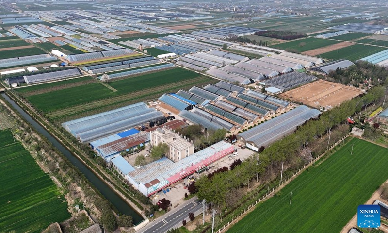 An aerial drone photo taken on April 9, 2026 shows a vegetable farm with agricultural technology support in Jingyang County, northwest China's Shaanxi Province.


