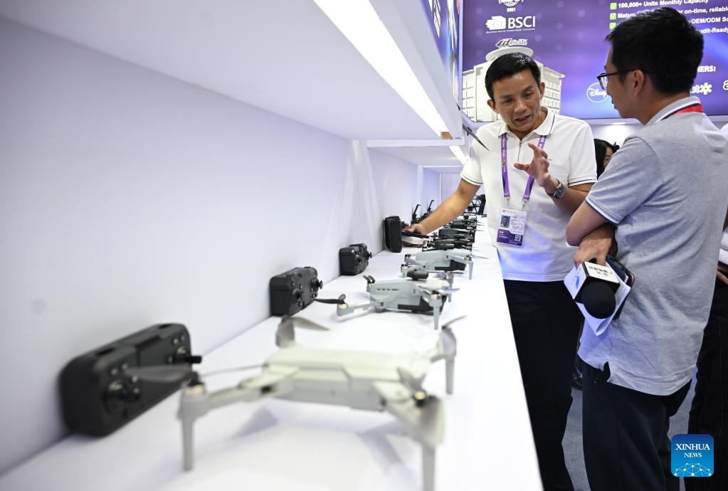 This photo taken on April 15, 2026 shows an exhibition zone for drone companies at the 139th edition of the China Import and Export Fair in Guangzhou, south China's Guangdong Province. The 139th edition of the China Import and Export Fair, also known as the Canton Fair, opened here on Wednesday, drawing a record number of over 32,000 participating enterprises. (Xinhua/Deng Hua)

