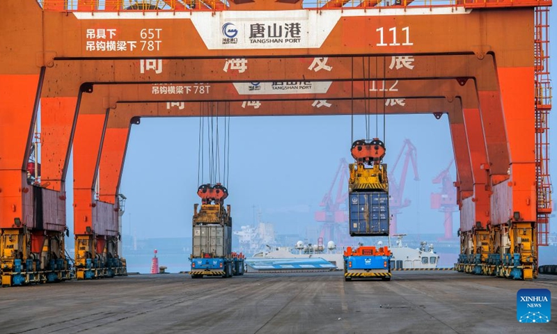 This photo taken on April 17, 2026 shows a container terminal of the Jingtang area of Tangshan Port in Tangshan, north China's Hebei Province.

According to the authorities, the cargo throughput of Tangshan Port reached 215.48 million tonnes in the first quarter of 2026, up 3.67 percent year-on-year. Photo: Xinhua