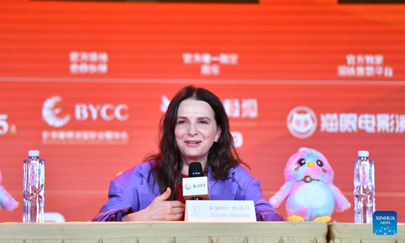 Juliette Binoche, president of the Tiantan Award Jury of the 16th Beijing International Film Festival (BJIFF), speaks during the 16th BJIFF Jury Press Conference in Beijing, capital of China, April 18, 2026. (Xinhua/Xiao Xiao)