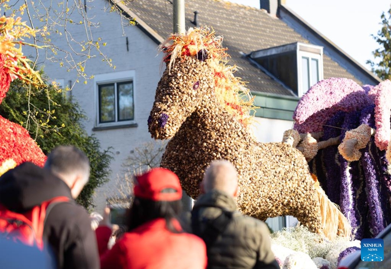People watch a float during the Flower Parade of the Bollenstreek in Bennebroek, the Netherlands, April 18, 2026. (Photo by Sylvia Lederer/Xinhua)