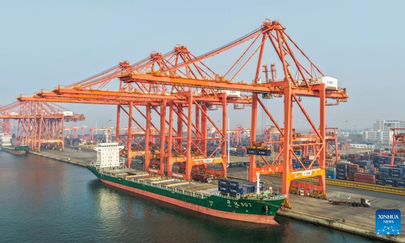 A drone photo taken on April 17, 2026 shows a vessel docking at the Jingtang area of Tangshan Port to load and unload containers in Tangshan, north China's Hebei Province.

According to the authorities, the cargo throughput of Tangshan Port reached 215.48 million tonnes in the first quarter of 2026, up 3.67 percent year-on-year. Photo: Xinhua