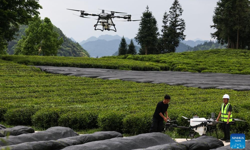 Instructors check an agricultural drone before demonstration at a tea garden in Baicha Village of Yundong Town, Duyun City of Qiannan Bouyei and Miao Autonomous Prefecture, southwest China's Guizhou Province, April 17, 2026. Trainees on an agricultural drone application training course in Guizhou Province took part in practical exercises in Duyun City on Friday to improve their skills in operating crop protection drones. (Xinhua/Yang Wenbin)