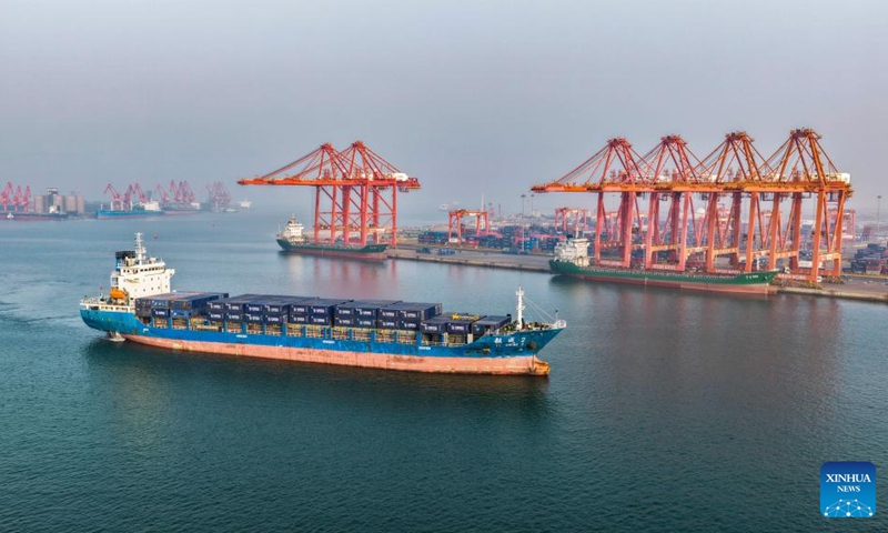 A drone photo taken on April 17, 2026 shows a vessel docking at the Jingtang area of Tangshan Port in Tangshan, north China's Hebei Province.

According to the authorities, the cargo throughput of Tangshan Port reached 215.48 million tonnes in the first quarter of 2026, up 3.67 percent year-on-year. Photo: Xinhua