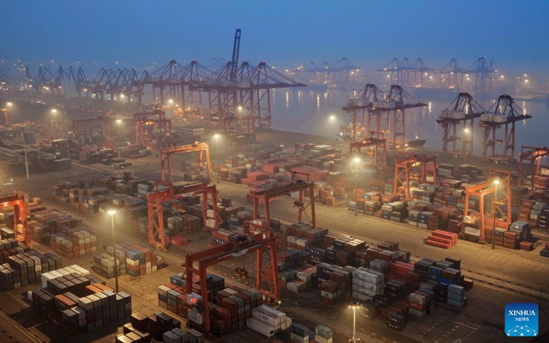 An aerial drone photo taken on April 18, 2026 shows a container terminal of the Jingtang area of Tangshan Port in Tangshan, north China's Hebei Province.

According to the authorities, the cargo throughput of Tangshan Port reached 215.48 million tonnes in the first quarter of 2026, up 3.67 percent year-on-year. Photo: Xinhua