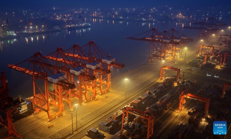 An aerial drone photo taken on April 18, 2026 shows a container terminal of the Jingtang area of Tangshan Port in Tangshan, north China's Hebei Province.

According to the authorities, the cargo throughput of Tangshan Port reached 215.48 million tonnes in the first quarter of 2026, up 3.67 percent year-on-year. Photo: Xinhua
