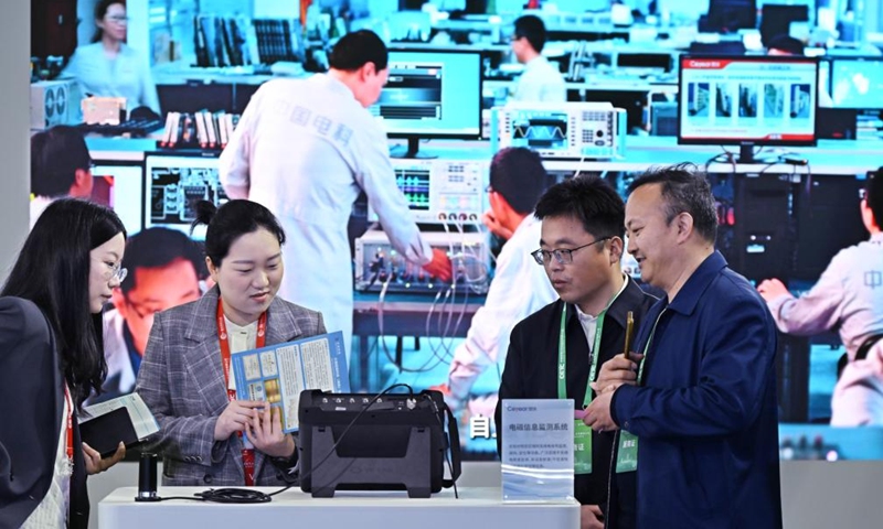 People visit the 6th Radar Future Conference in Qingdao, east China's Shandong Province, on April 18, 2026. The conference opened here on Saturday and will run till April 20, showcasing the latest radar-related technologies and products. (Xinhua/Li Ziheng)