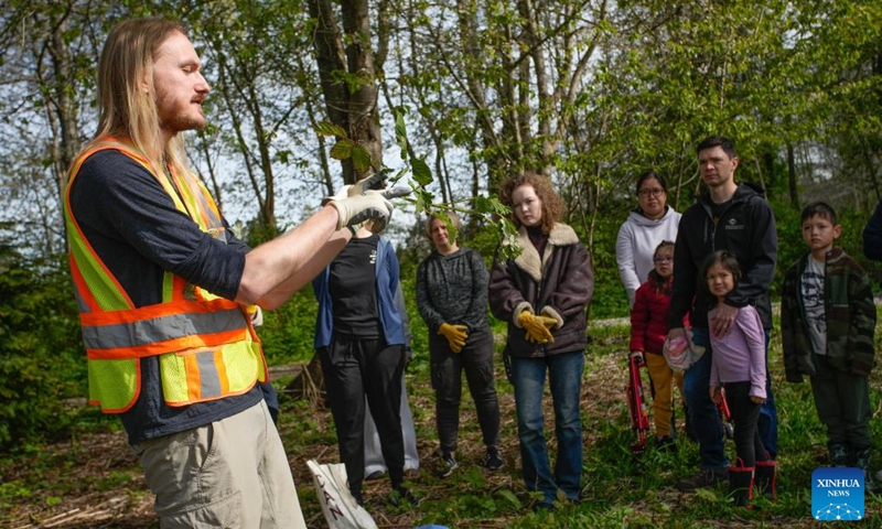 Volunteers learn to identify invasive species during an event marking the upcoming Earth Day in Vancouver, British Columbia, Canada, on April 19, 2026. (Photo by Liang Sen/Xinhua)

