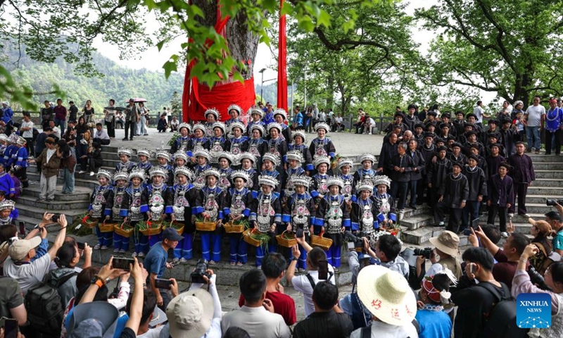 People of the Dong ethnic group participate in an event celebrating the Sanyuesan Festival at Zhenyuan County in southwest China's Guizhou Province, April 19, 2026. The Sanyuesan Festival is a traditional festival celebrated on the third day of the third lunar month by various ethnic groups in China. The festival falls on April 19 this year. (Xinhua/Yang Wenbin)

