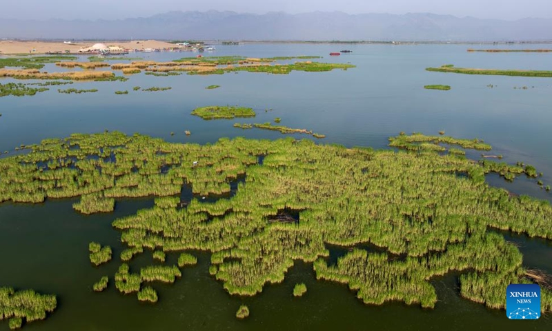 An aerial drone photo taken on April 18, 2026 shows a view of the Shahu scenic area in Shizuishan, northwest China's Ningxia Hui Autonomous Region. (Xinhua/Wang Peng)

