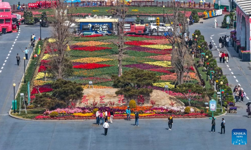 An aerial drone photo taken on March 26, 2026 shows tourists visiting Holland flower park in Yancheng, east China's Jiangsu Province.

