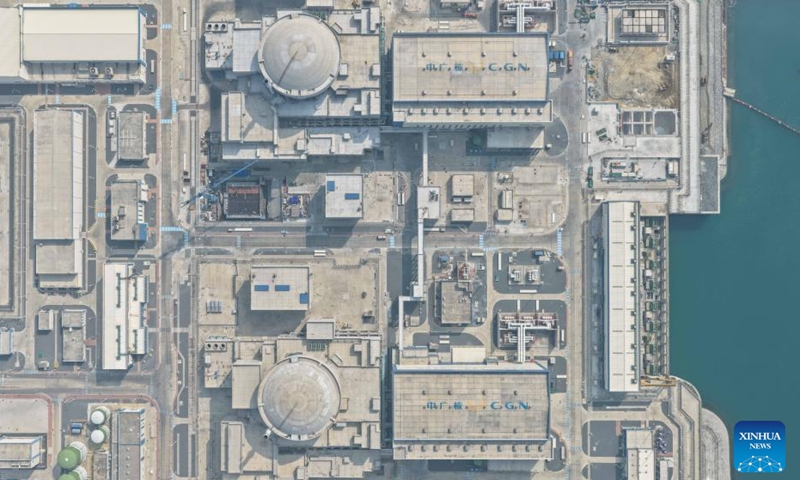 An aerial drone photo taken on April 20, 2026 shows a view of Unit 1 (below) and Unit 2 of China General Nuclear Power Group's (CGN) Taipingling nuclear power project in Huidong County, Huizhou, south China's Guangdong Province. 