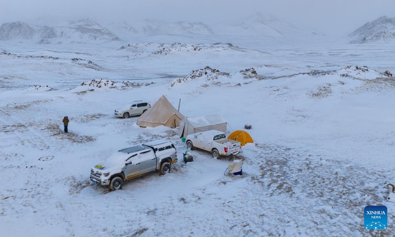 A drone photo taken on April 11, 2026 shows the campsite of a patrol team from Nagqu at the Changtang National Nature Reserve in southwest China's Xizang Autonomous Region. 