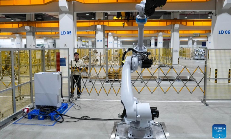 A robot is tested before its delivery in a workshop of Inovance in Jiangning economic development zone of Nanjing, east China's Jiangsu Province, on March 17, 2026. 