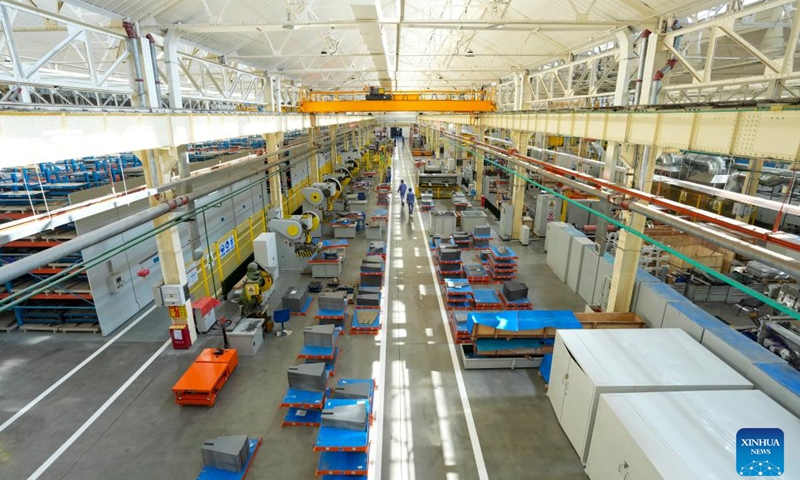 This photo taken on April 21, 2026 shows a view inside a workshop of Harbin Electric Machinery Company Limited in Harbin, northeast China's Heilongjiang Province.