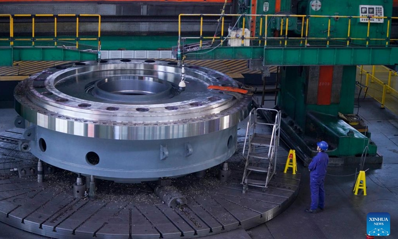 This photo taken on April 21, 2026 shows a view inside a workshop of Harbin Electric Machinery Company Limited in Harbin, northeast China's Heilongjiang Province.