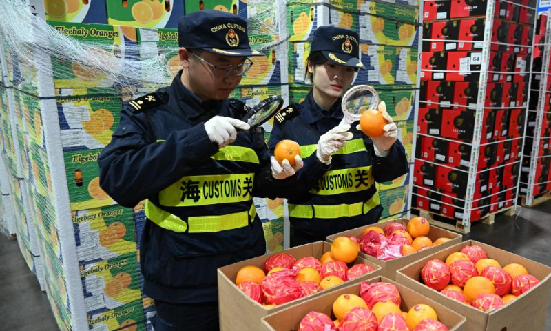 Customs officers inspect oranges imported from Egypt in Shanghai, east China, May 1, 2026. China expanded zero-tariff treatment to all 53 African nations with which it has diplomatic relations. This policy took effect on May 1. In east China's Shanghai, a shipment of oranges from Egypt became the first beneficiary of the expanded zero-tariff policy to reach this metropolis. This 516-tonne batch, green-lighted by customs in Shanghai in the early hours of Friday, benefited from a tariff exemption amounting to 320,000 yuan. Also on Friday, 24 tonnes of avocados from Kenya entered China via Shanghai, enjoying a tariff exemption of 26,000 yuan. (Xinhua)