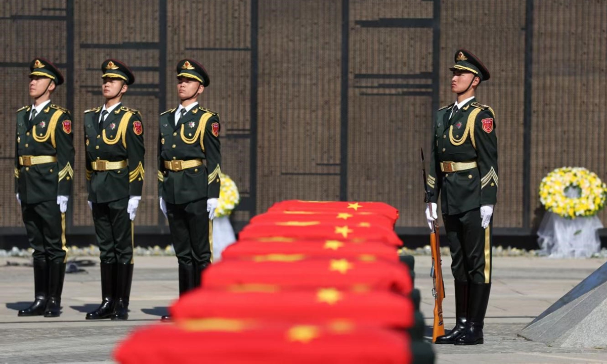 A burial ceremony for the remains of the 13th batch of Chinese People's Volunteers martyrs, who lost their lives during the War to Resist US Aggression and Aid Korea (1950-53), was held at a martyrs' cemetery in Shenyang, Northeast China's Liaoning Province on April 23, 2026. Photo: Cui Meng/GT