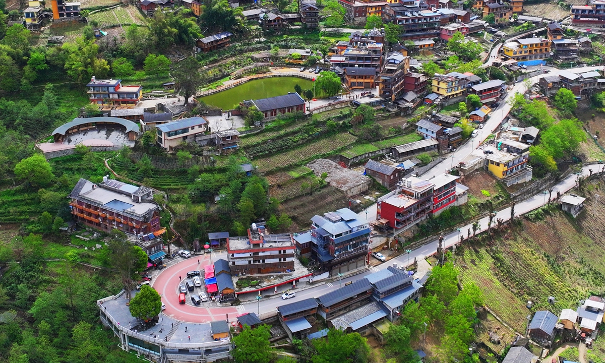 An aerial view of a village in Fugong County, Nujiang Lisu Autonomous Prefecture, Yunnan Province Photo: VCG
