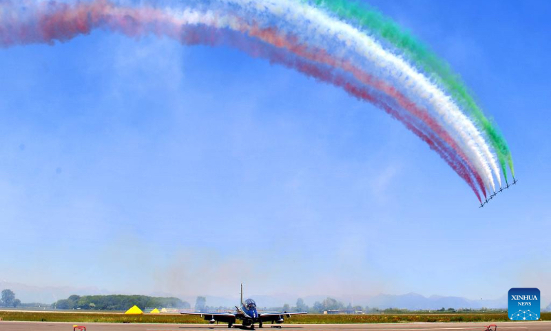 The Italian Frecce Tricolori aerobatic squad performs during an airshow at Rivolto Air Force Base in Italy, May 1, 2026. (Photo by Diego Petrussi/Xinhua)