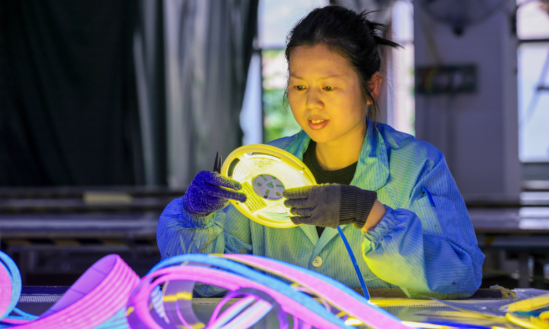 A worker tests LED light strips at a lighting technology company in Ruichang, East China's Jiangxi Province, on April 27, 2026. The company specializes in the research and development, production, and sales of LED light strips and lighting equipment. Its products are popular both domestically and in markets across Africa, the Americas, the Middle East, and Southeast Asia. Photo: VCG