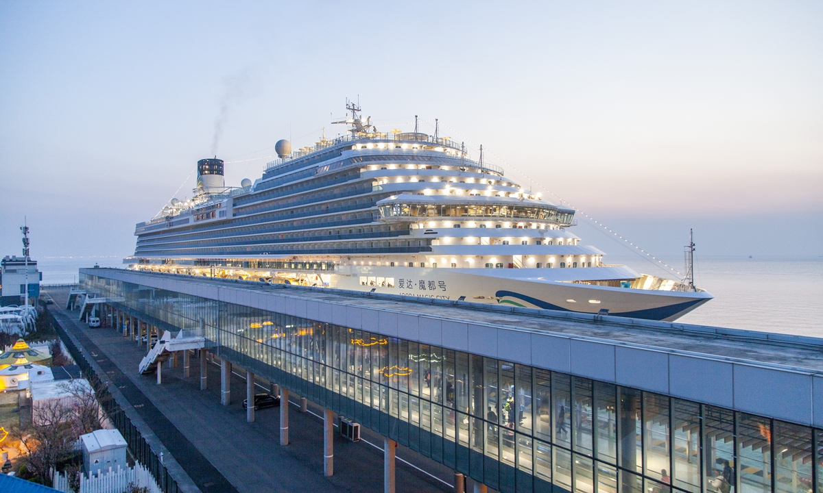 Homegrown cruise ship Adora Magic City docks at the Qingdao International Cruise Home Port Area in April, 2025. File photo: VCG