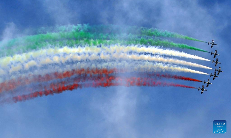 The Italian Frecce Tricolori aerobatic squad performs during an airshow at Rivolto Air Force Base in Italy, May 1, 2026. (Photo by Diego Petrussi/Xinhua)