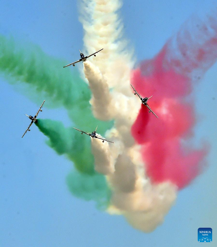 The Italian Frecce Tricolori aerobatic squad performs during an airshow at Rivolto Air Force Base in Italy, May 1, 2026. (Photo by Diego Petrussi/Xinhua)
