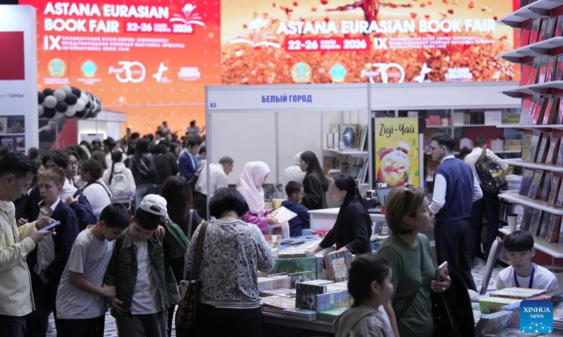 People visit the Eurasian Book Fair in Astana, Kazakhstan, April 22, 2026. This event is held here from April 22 to 26. (Photo by Kalizhan Ospanov/Xinhua)