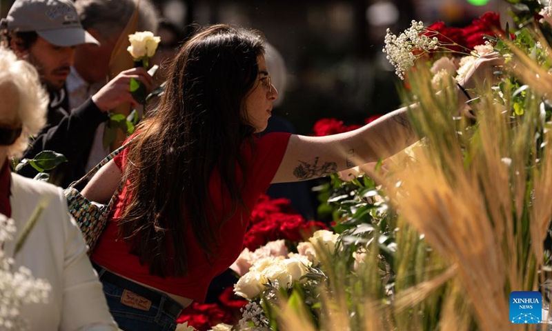 A woman selects roses in a shop in Barcelona, Spain, April 23, 2026. Large crowds filled the Spanish city of Barcelona on Thursday as people took to the streets to celebrate Sant Jordi, a traditional festival combining romance and reading. (Photo by Joan Gosa/Xinhua)