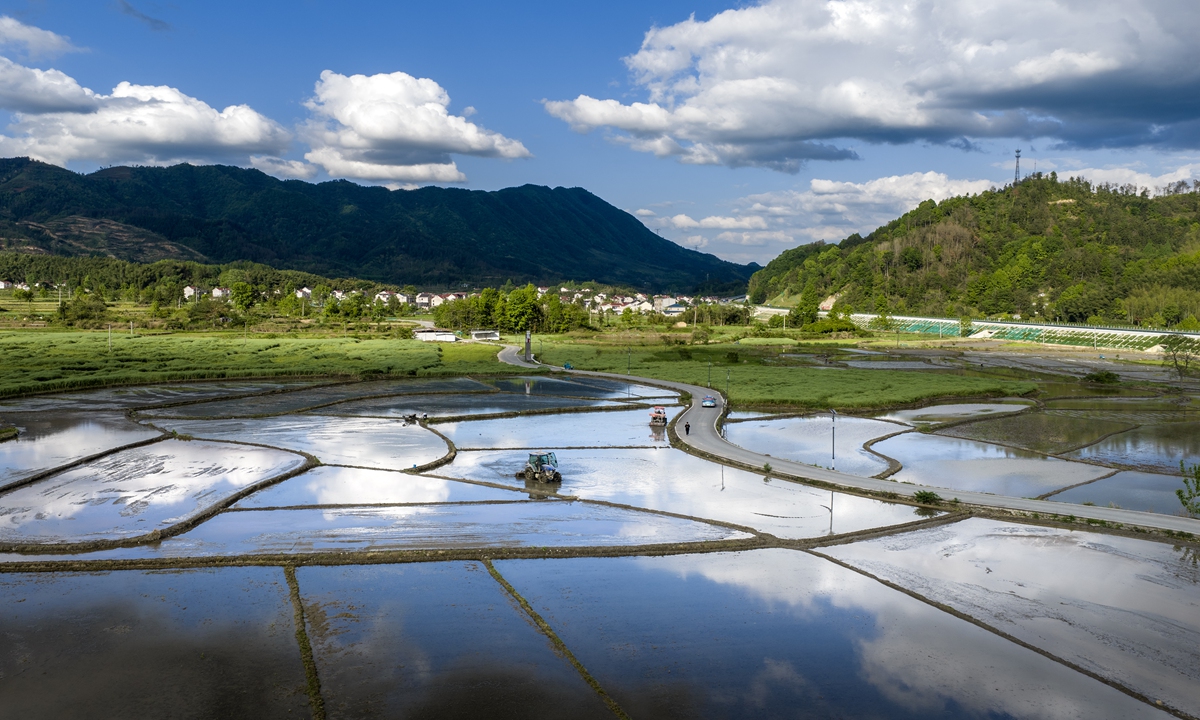 A farmer drives a tractor in terraced fields, preparing for the planting of rice on April 24, 2026, in Xuancheng, East China's Anhui Province. In the first quarter, the nation's comprehensive mechanization rate for crop cultivation and harvesting reached 76.7 percent, according to the Ministry of Agriculture and Rural Affairs. Photo: VCG