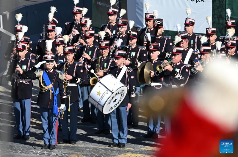 A military band performs in a ceremony to mark Italy's Liberation Day at the Vittoriano Monument in Rome, Italy, on April 25, 2026. Italy marked the 81st anniversary of its liberation from fascism on Saturday. (Photo by Alberto Lingria/Xinhua)