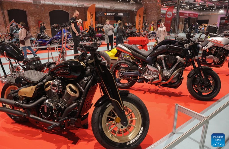 Motorcycles are displayed during the St. Petersburg Motorcycle Exhibition in St. Petersburg, Russia, on April 24, 2026. (Photo by Irina Motina/Xinhua)