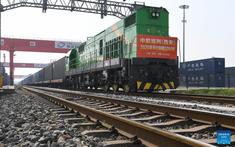 This photo taken on April 24, 2026 shows a China-Europe freight train departing from the Xi'an International Port Station in Xi'an, northwest China's Shaanxi Province. The Xi'an International Port Station has handled over 2,000 China-Europe freight train trips this year. The total freight volume transported has exceeded 2.1 million tonnes in this period. Photo: Xinhua